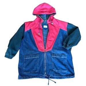 Vintage Mens 3XL Colorblock Denim Heavy Coat 90s Hood Zip Flannel Lined Gorpcore